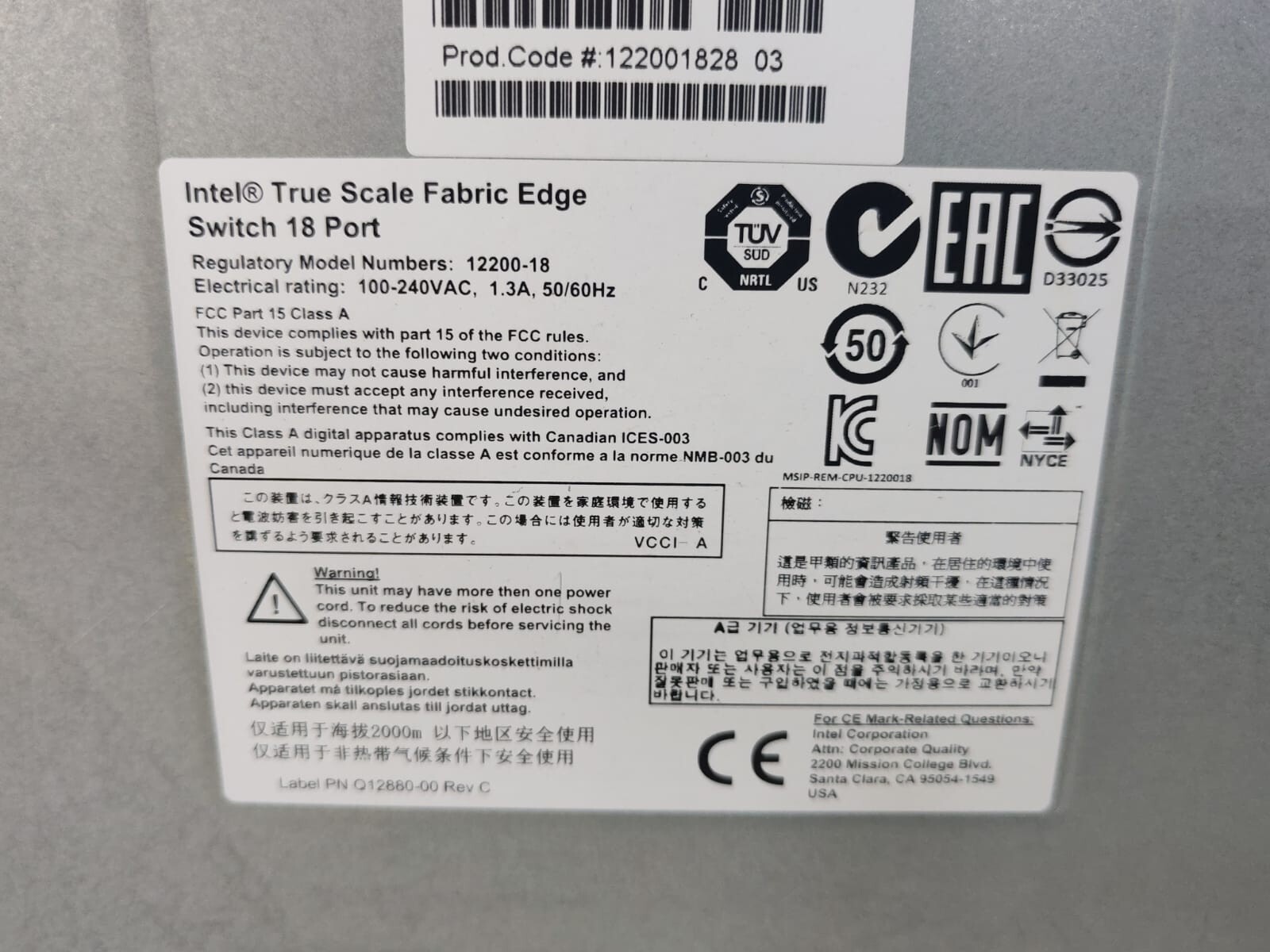 Intel 12200-18 INTEL 12200-18 TRUE SCALE FABRIC EDGE SWITCH 18 PORT 100-240VAC 5