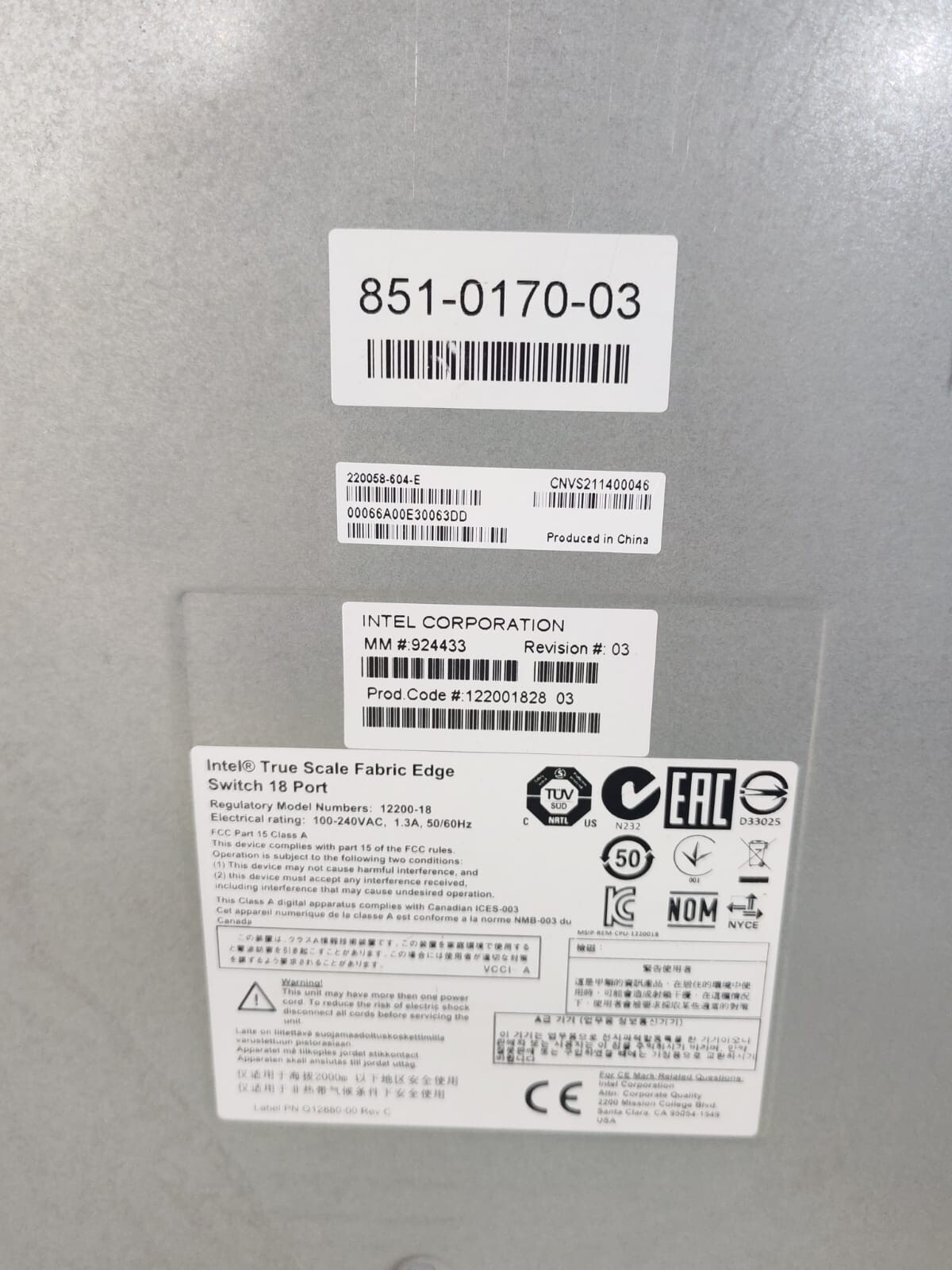 Intel 12200-18 INTEL 12200-18 TRUE SCALE FABRIC EDGE SWITCH 18 PORT 100-240VAC 6