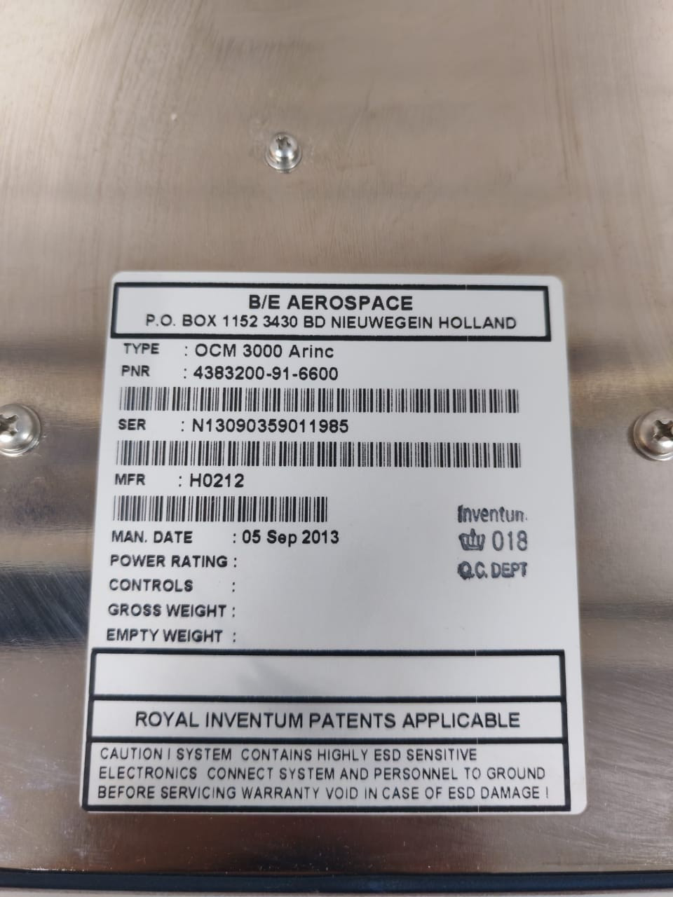 ROYAL INVENTUM OCM 3000 ROYAL INVENTUM PATENTS APPLICABLE OCM 3000 ARINC 9