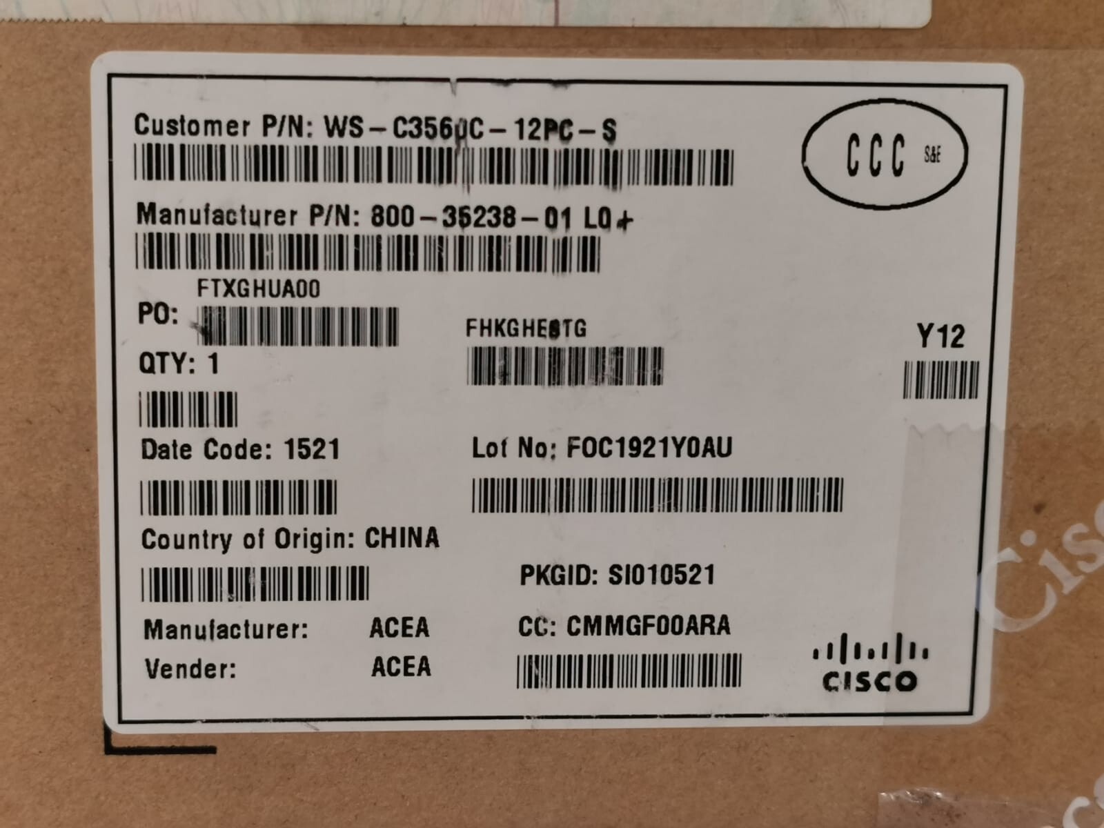 Cisco WS-C3560C-12PC-S Cisco Catalyst WS-C3560C-12PC-S 3560C 12-FE PoE. 2 X Dual Compact Switch 6