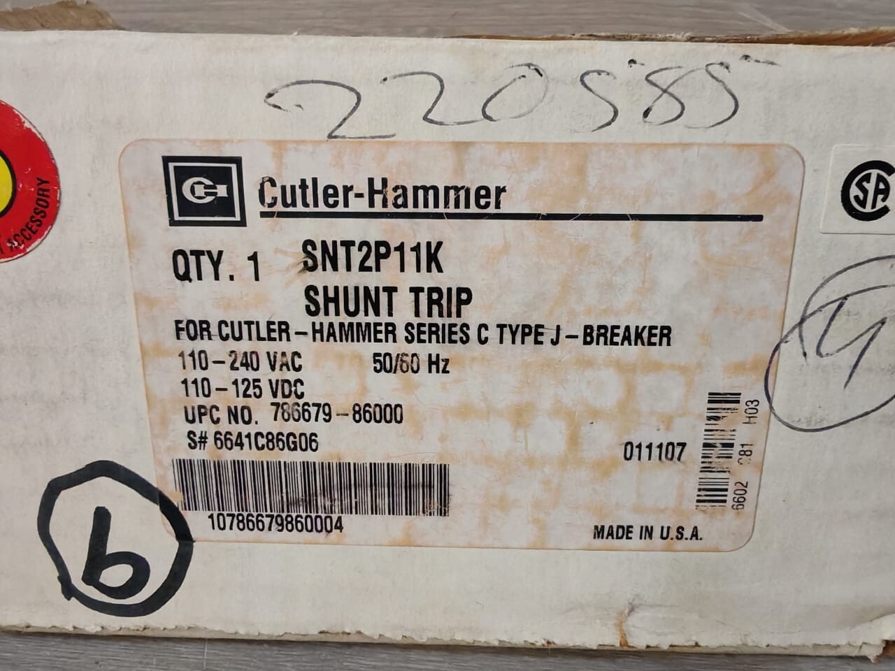 Eaton SNT2P11K EATON SNT2P11K SHUNT TRIP FOR CUTLER HAMMER SERIES C TYPE J-BREAKER 10