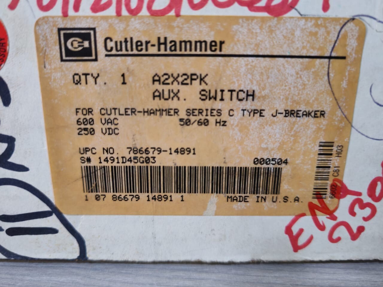 Eaton 1491D45G03 EATON/CUTLER-HAMMER A2X2PK AUX. SWITCH FOR SERIES C TYPE J-BREAKER 1491D45G03 10
