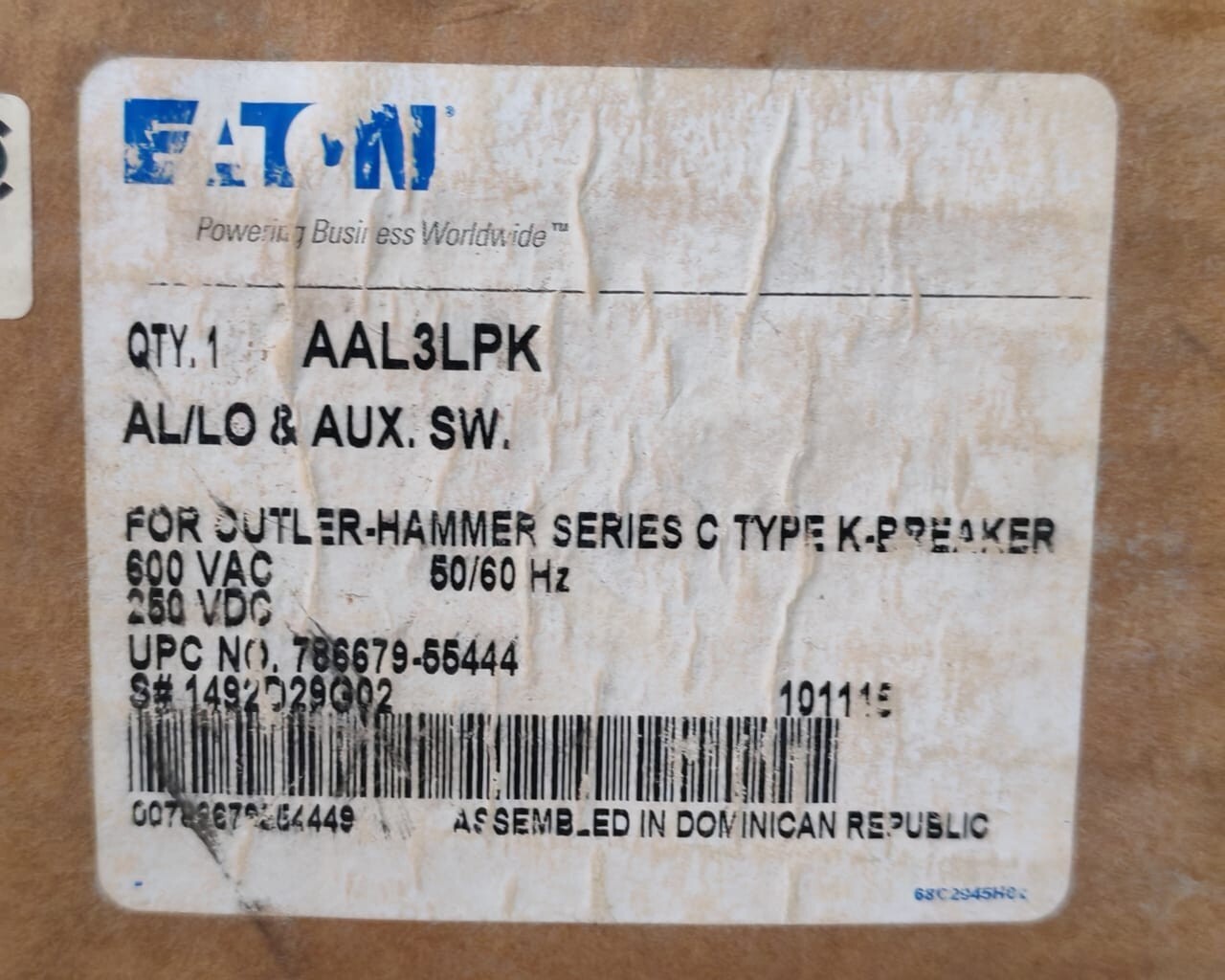 Eaton 1492D29G02 EATON AAL3LPK AL/LO & AUX. SW FOR SERIES C TYPE K-BREAKER 1492D29G02 600VAC 7