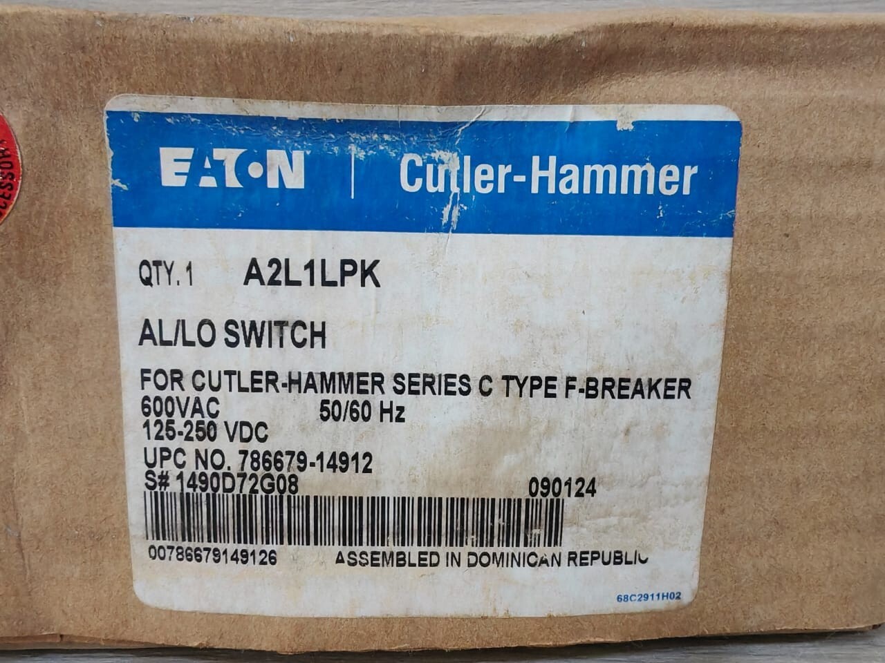 Eaton 1490D72G08 EATON A2L1LPK AL/LO FOR CUTLER-HAMMER SERIES C TYPE F BREAKER 1490D72G08 600VAC 10