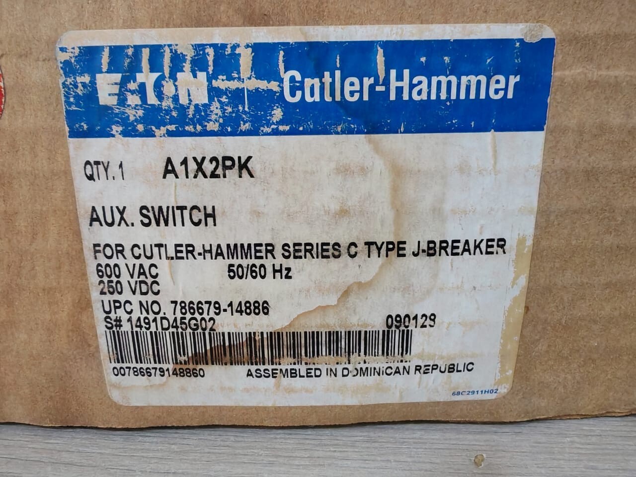Eaton A1X2PK EATON A1X2PK AUX.SWTCH FOR CUTLER-HAMMER SER.C TYPE J-BREAKER 1491D45G02 600VAC 9