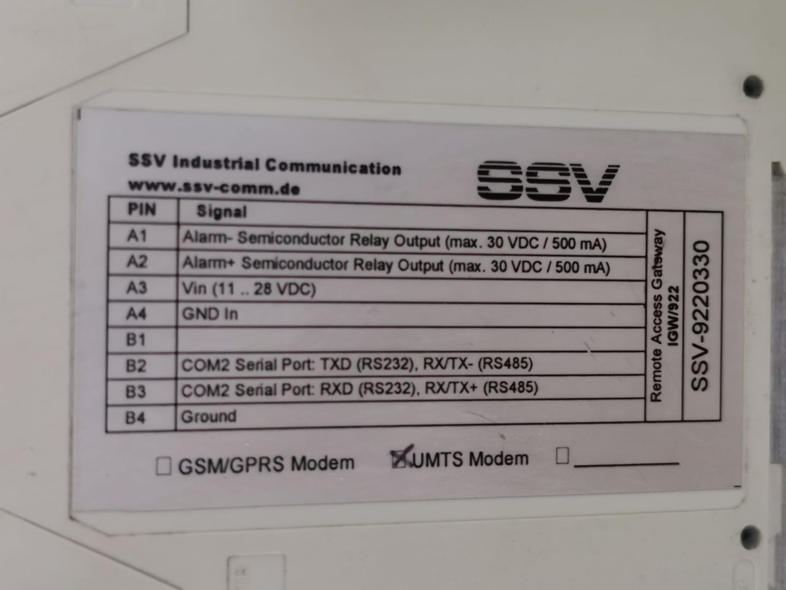 SSV SSV-9220330 IGW/922 - SSV Software Systems UMTS Modem remote access gateway 3