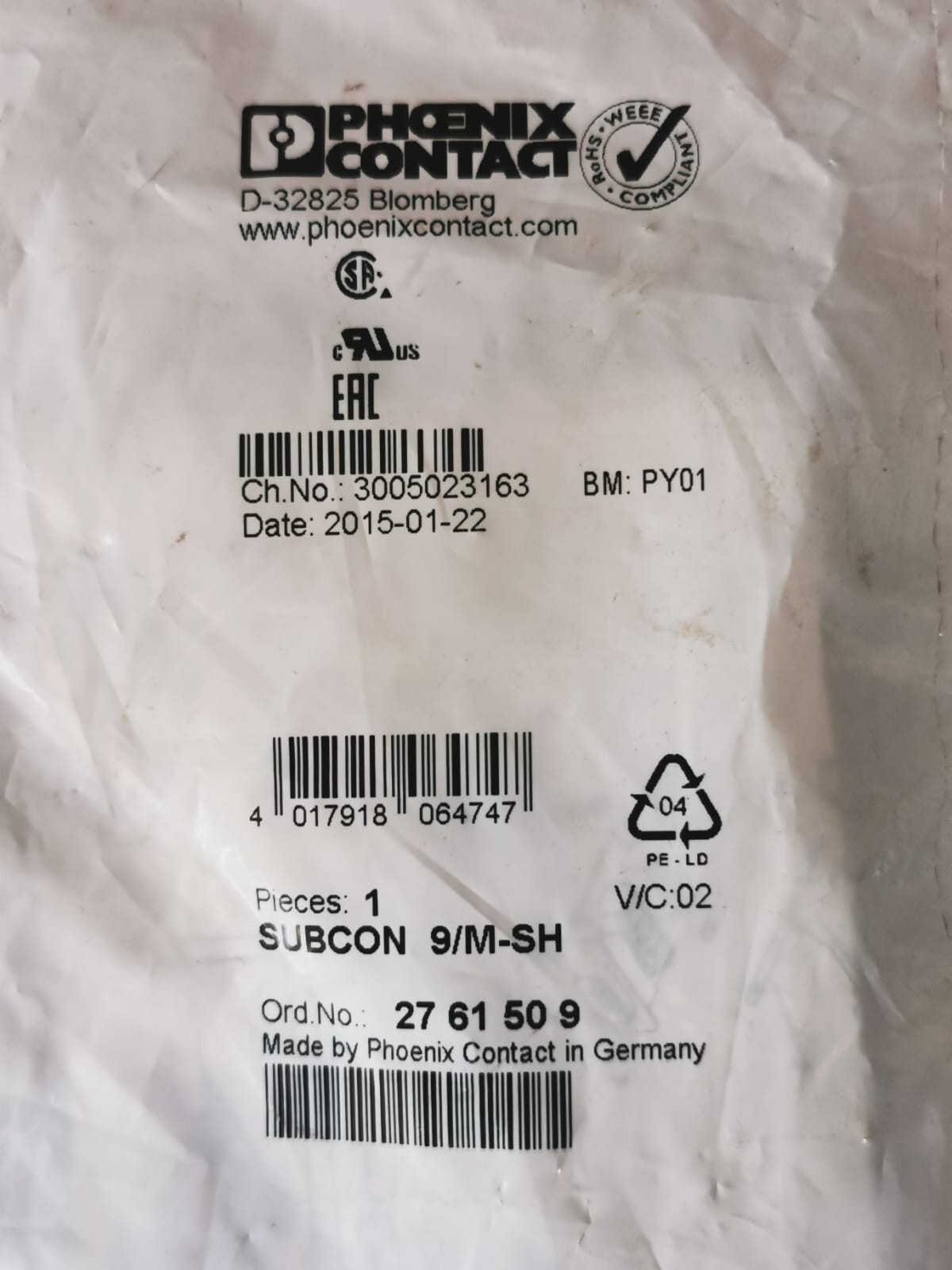 Phoenix Contact D-32825 PHOENIX CONTACT D-32825 BLOMBERG / SUBCON 9/M-SH 2