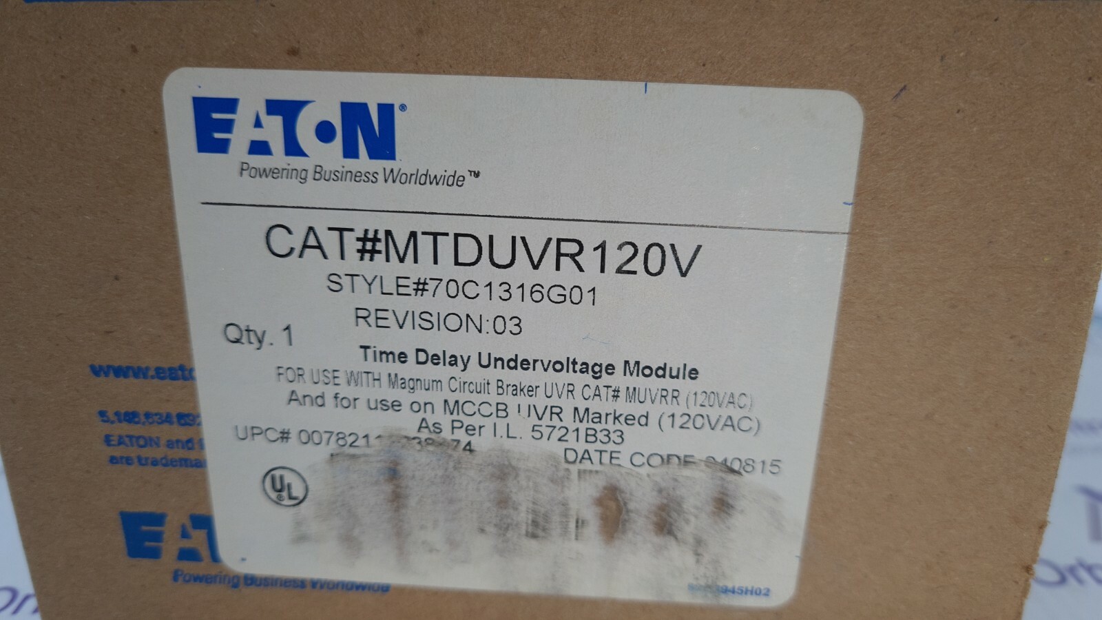 Eaton MTDUVR120V EATON CAT# MTDUVR120V Time Delay Undervoltage Module MCCB 70C1316G01 7
