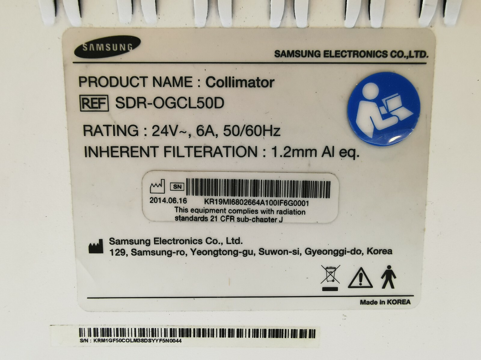 Samsung OGCL50D Collimator SDR-OGCL50D INHERENT FILTERATION SAMSUNG 2