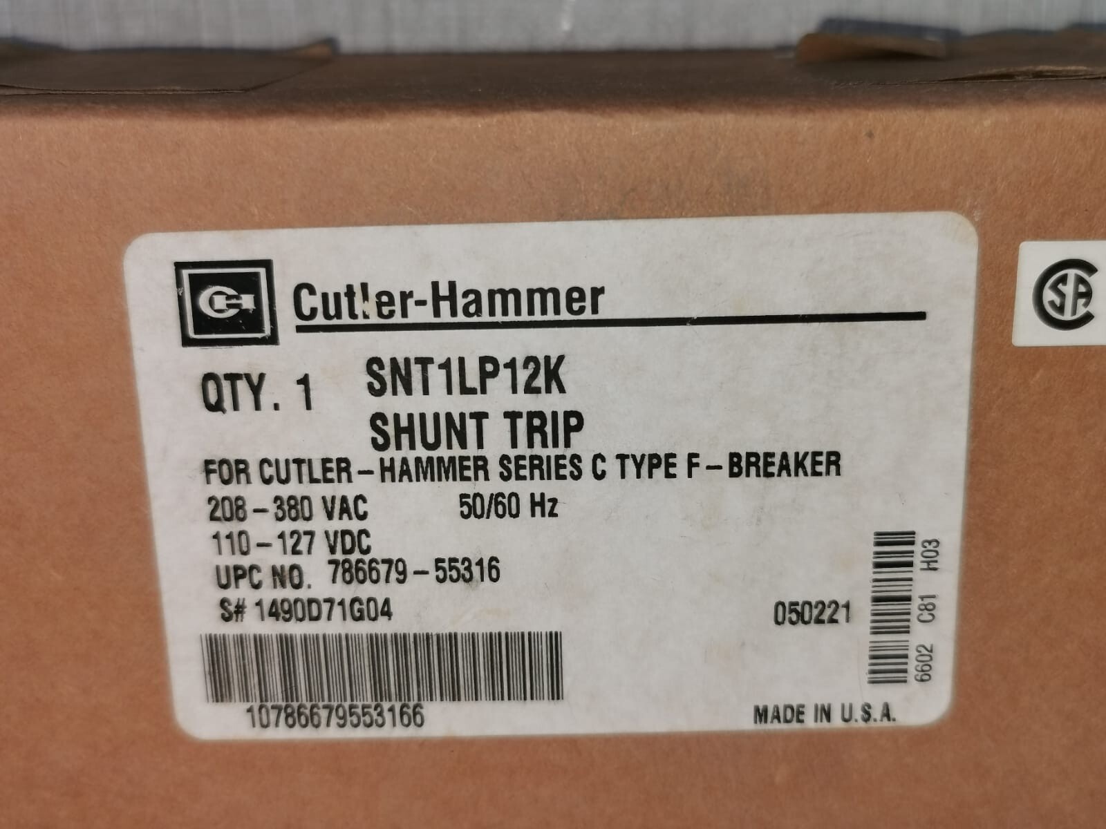 Eaton 1490D71G04 EATON SNT1LP12K SHUNT TRIP FOR CUTLER-HAMMER SER.C TYPE F-BREAKER 1490D71G04 9