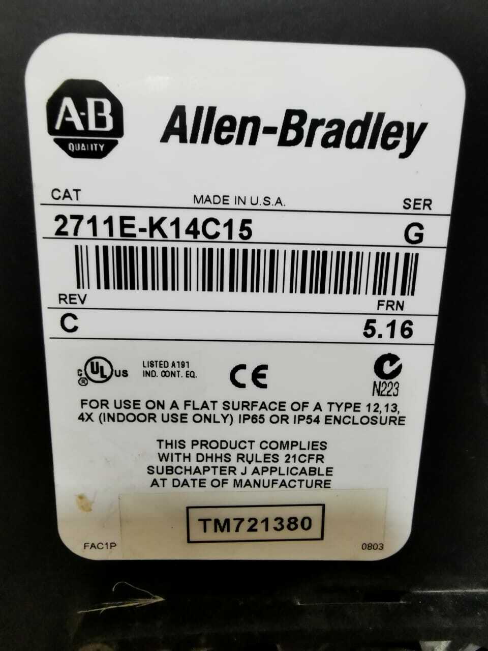 ALLEN BRADLEY 2711E-K14C15 Allen Bradley Panelview 1400e 2711E-K14C15 Ser G Rev C FRN 5.16 5
