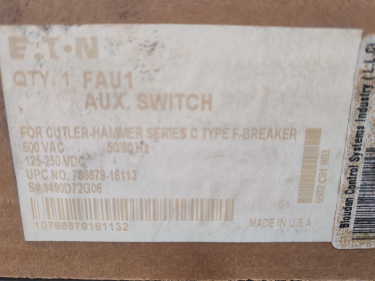 Eaton FAU1-A1X1PK EATON FAU1 A1X1PK AUX. CUTLLER-HAMMER SER.C TYPE F-BREAKER 1490D72G06 7