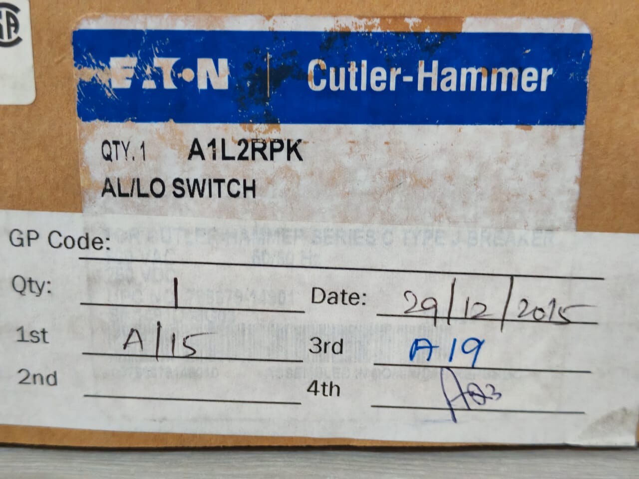 Eaton 1491D43G03 EATON / CUTLER-HAMMER A1L2RPK AL/LO SWITCH 1491D43G03 7