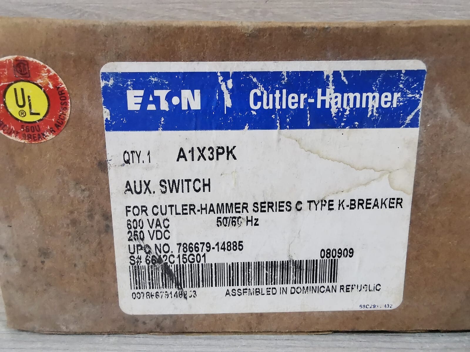 Eaton A1X3PK EATON A1X3PK AUX.SWITCH FOR CUTLER-HAMMER DER.C TYPE K-BREAKER 6642C15G01 600VAC 3