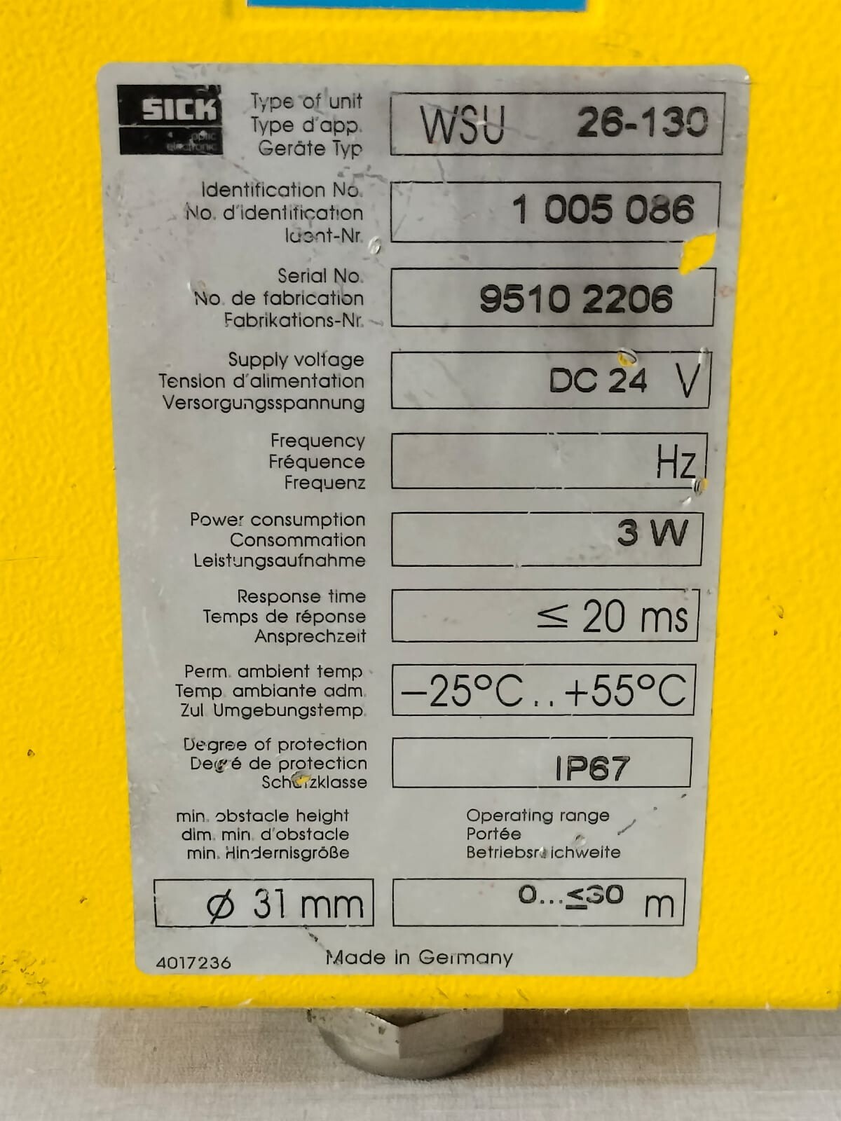 SICK OPTIC ELECTRONIC WSU 26-130 SICK OPTIC ELECTRONIC WSU 26-130 DC 24V 7