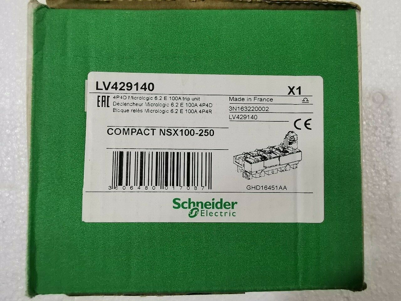 Schneider Electric NSX100-250 Schneider Electric LV429140 COMPACT NSX100-250 Micrologic 6.2 E 100A Trip Unit 3