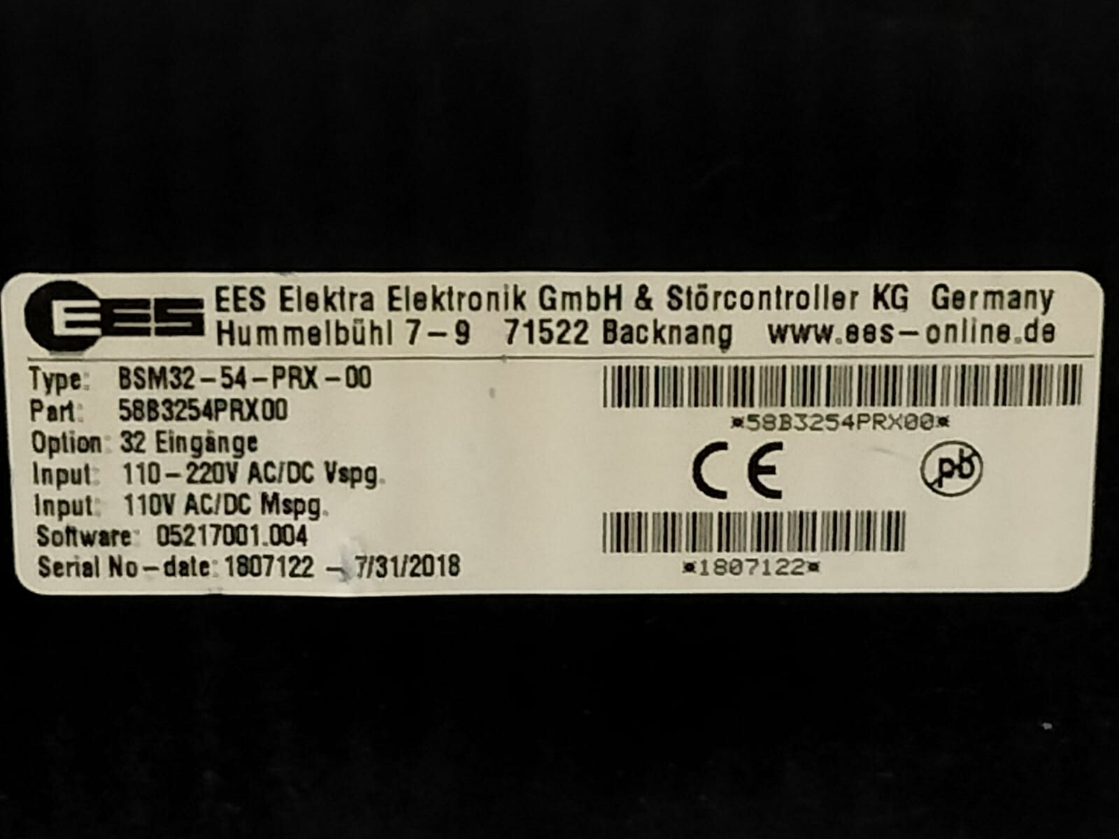 EES 58B3254PRX00 / 05217001.004 EES BSM32-54-PRX-00 Panel Control 58B3254PRX00 / 05217001.004 6