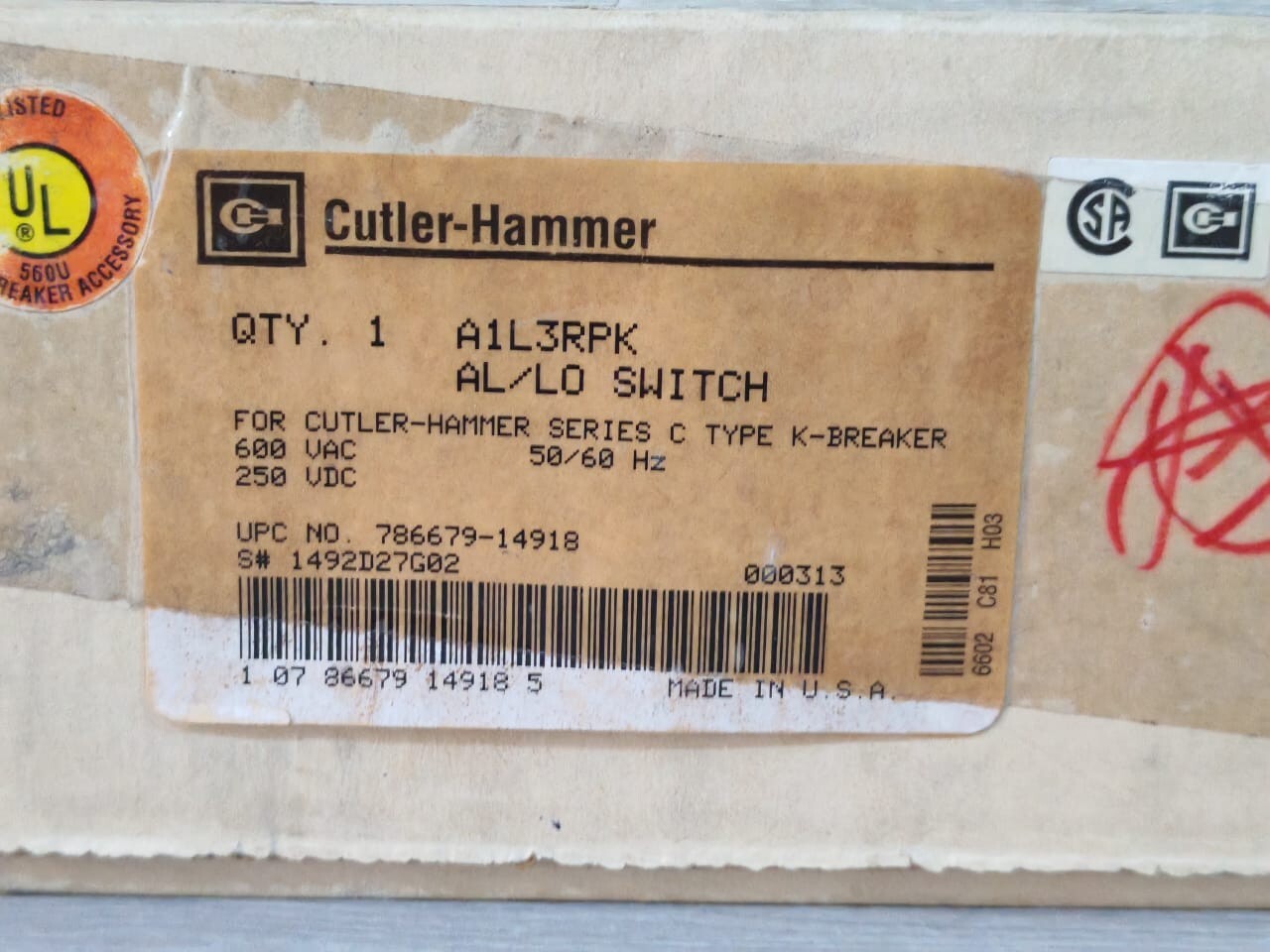 Cutler-Hammer 1492D27G02 CUTLER-HAMMER A1L3RPK AL/LO SWITCH SERIES C TYPE K-BREAKER 1492D27G02 8