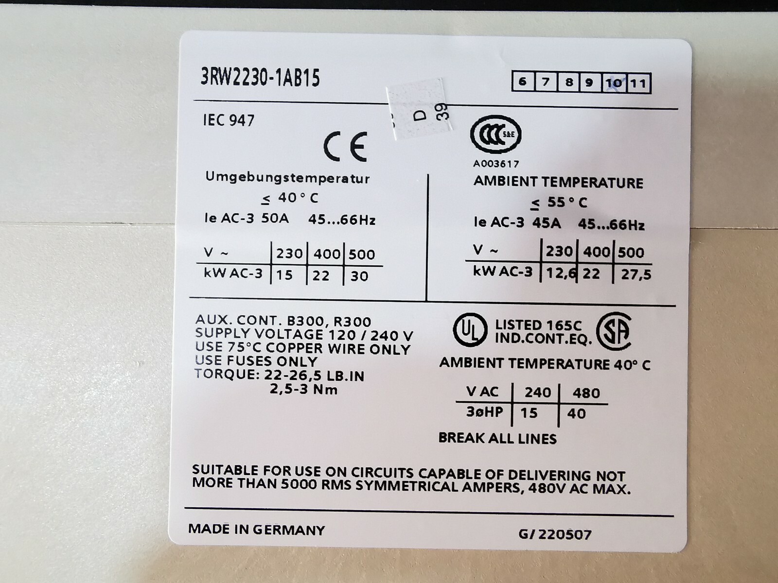 Siemens SIKOSTART-3RW22 SIEMENS 3RW22 SIKOSTART 3RW2230-1AB15 - WITHOUT ORIGINAL BOX 6