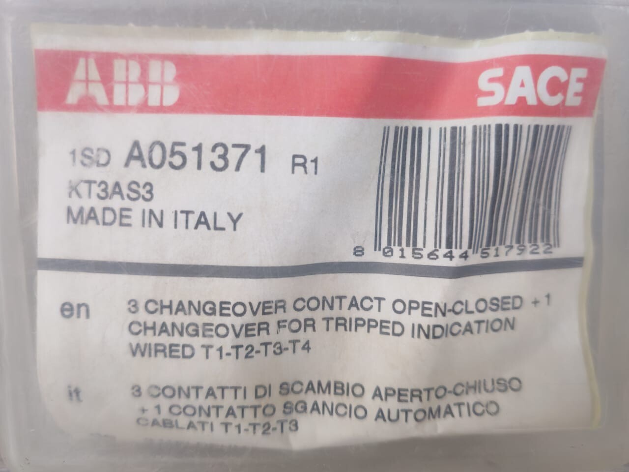 ABB AO-51369 ABB SACE AO 51369 / 1SD AO 51369 R1 CHANGEOVER CONTACT OPEN-CLOSED +1 3