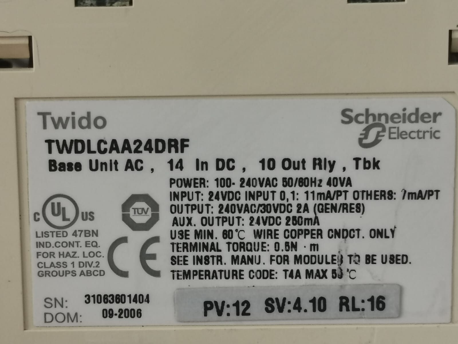 Telemecanique Twido TWDLCAA24DRF Telemecanique By Schneider TWDLCAA24DRF Compact Base PV:12 SV:4.10 RL:16 2