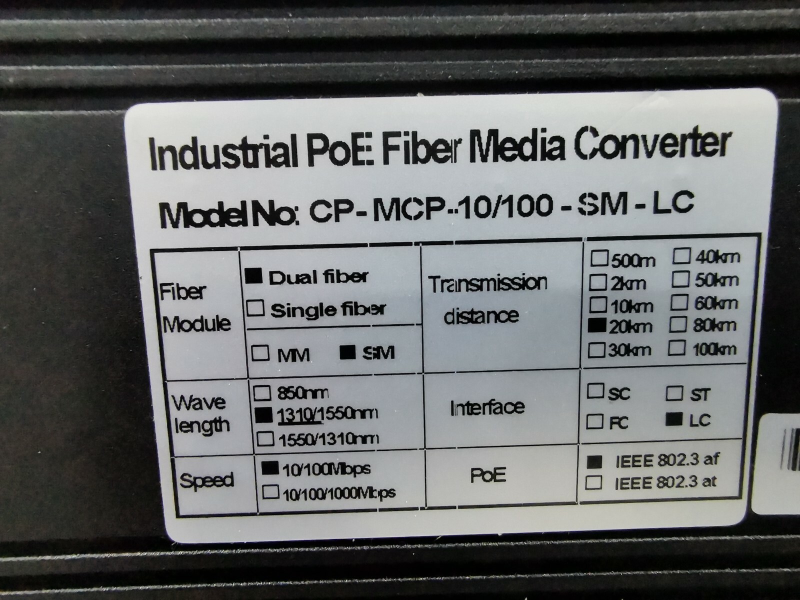 Unbranded CP-MCP-10/100-SM-LC Industrial PoE Fiber Media Converter CP-MCP-10/100-SM-LC 4