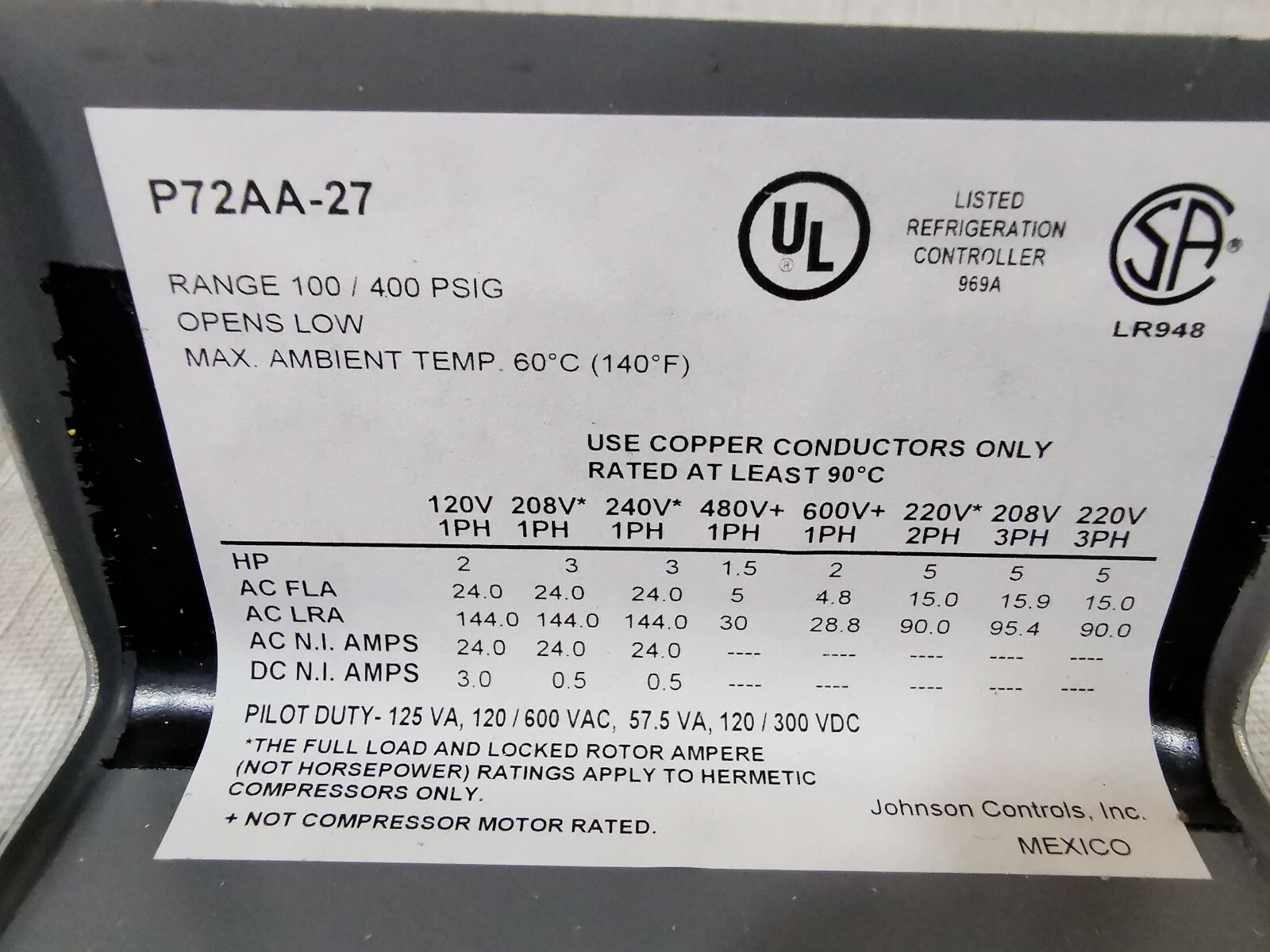 Johnson Controls P72AA-27 Johnson Controls P72AA-27 ALL RANGE PRESSURE CONTROL UNIT 4