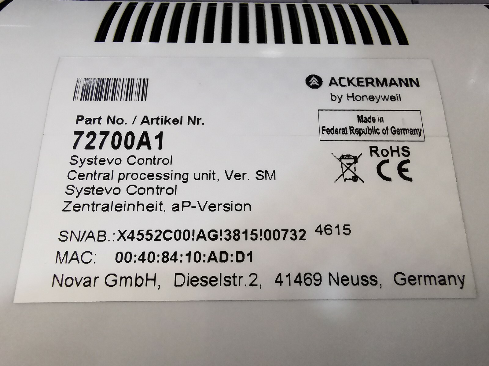 Honeywell 72700A1 ACKERMANN By Honeywell 72700A1 Systevo Control 4