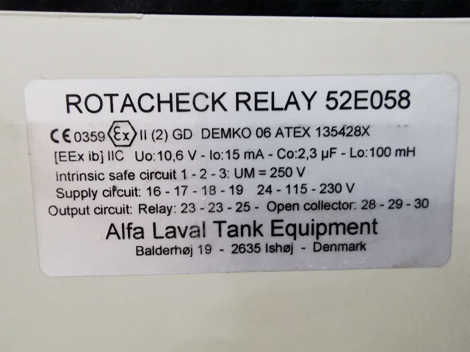 Alfa Laval ROTACHECK-RELAY-52E058 Alfa Laval ROTACHECK 52E058 CONTROL RELAY 4