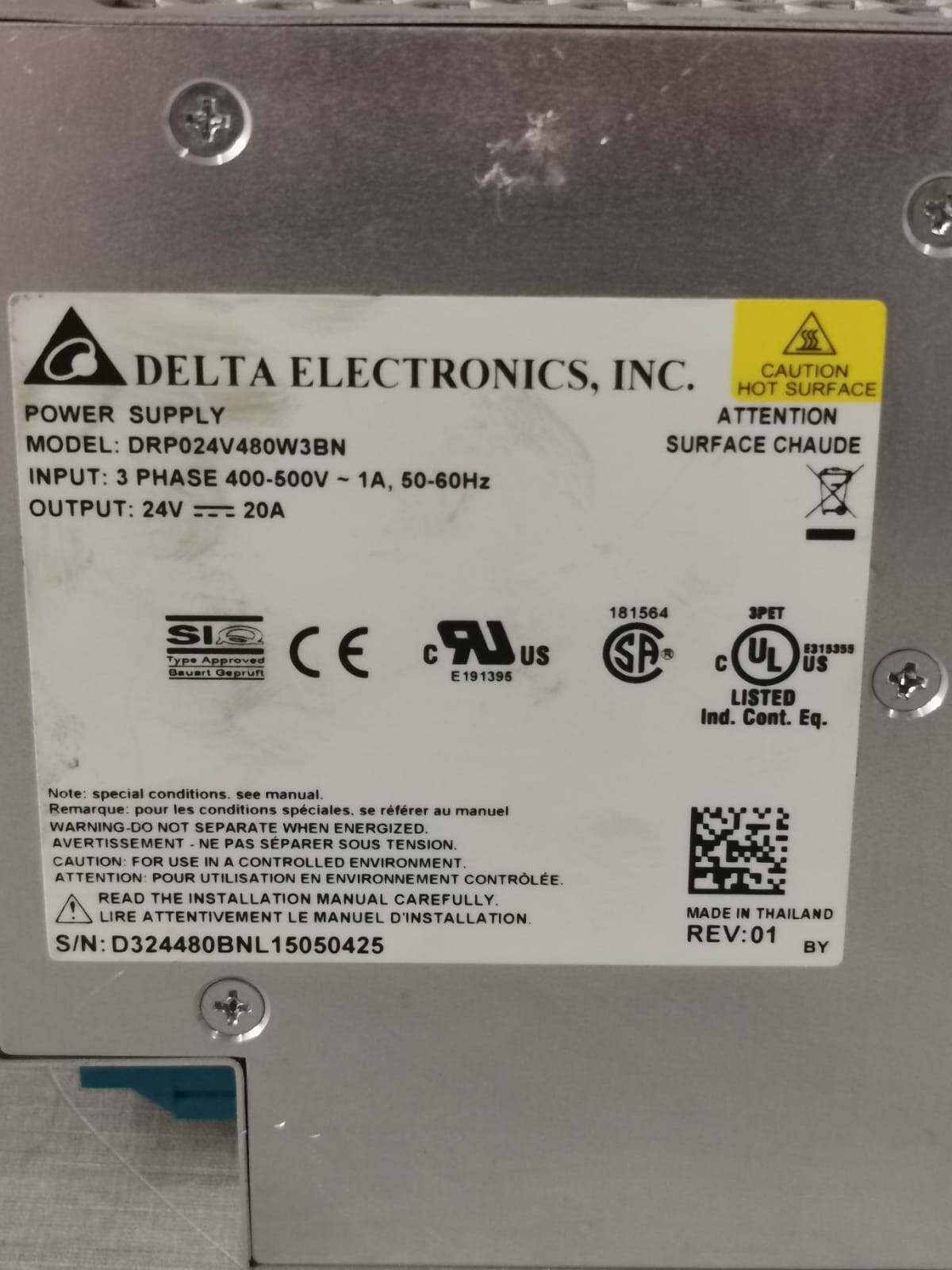 Delta DRP024V480W3BN Delta DRP024V480W3BN POWER SUPPLY 3PHASE 400-500V-1A 50-60Hz 4