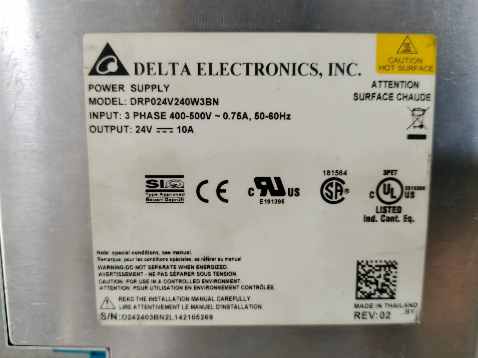 Delta PHASE400-500V Delta DRP024V240W3BN POWER SUPPLY 3 PHASE400-500V 50-60Hz 3
