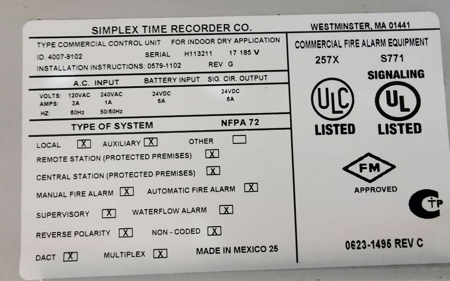 Simplex 579-1103 REV B SIMPLEX 4007-9801 / NFPA FIRE ALARM CONTROL UNIT 579-1103 REV B 5