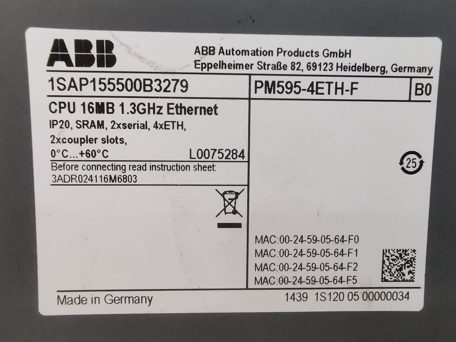 ABB 1SAP155500B3279 ABB PM595-4ETH-F B0 PLC Processor Programmable Logic Controller 1SAP155500B3279 4
