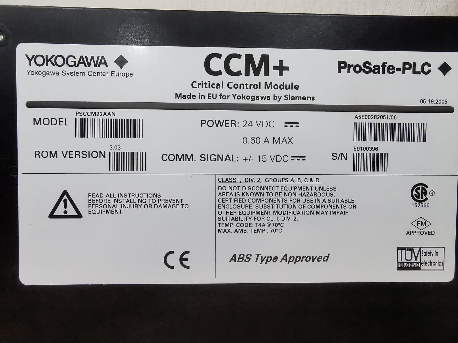 Yokogawa PSCCM22AAN YOKOGAWA CCM+ PSCCM22AAN Prosafe-PLC Critical Control Module ROM VER3.03 24VDC 3