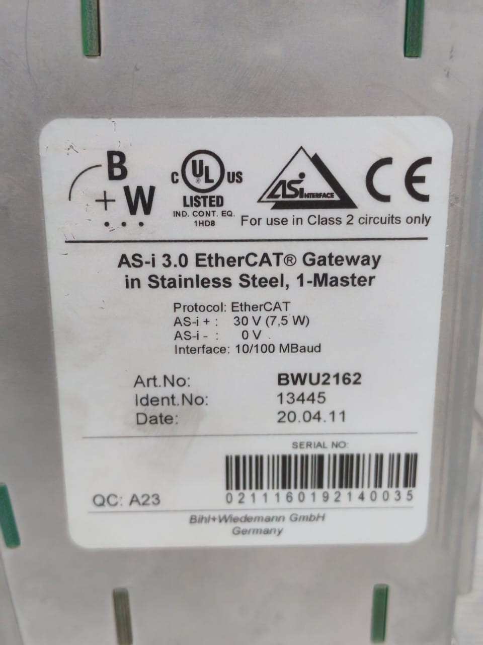 Bihl+Wiedemann BWU2162 Bihl+Wiedemann AS-i 3.0 EtherCAT Gateway BWU2162 10