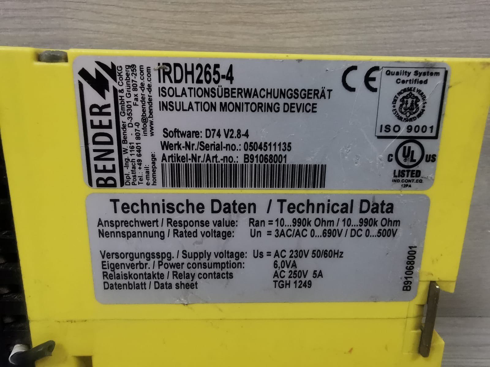 BENDER A-ISOMETER Serie 260  S/W:D74-V2.8-4 BENDER 1RDH265-4 A-ISOMETER Serie 260 S/W:D74-V2.8-4Insulation Monitoring Device 10