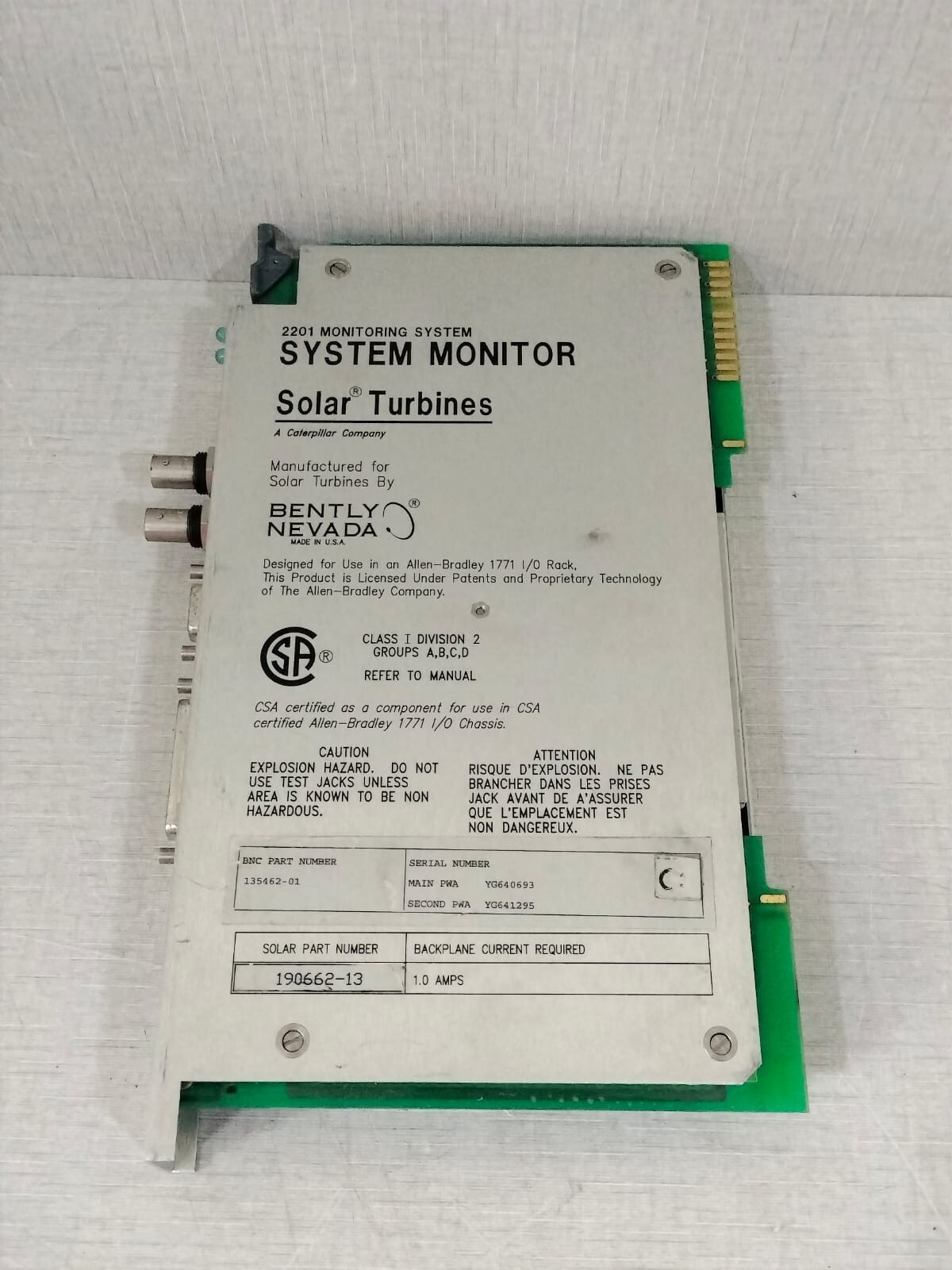 Bently Nevada 135462-01 Bently Nevada 135462-01 Solar Turbines Board 190662-13 1.0 AMPS 7