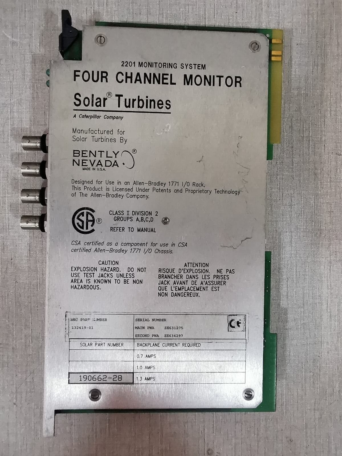 Bently Nevada 132419-01 Bently Nevada 132419-01 4Channel Monitor Solar Turbines 190662-28 4