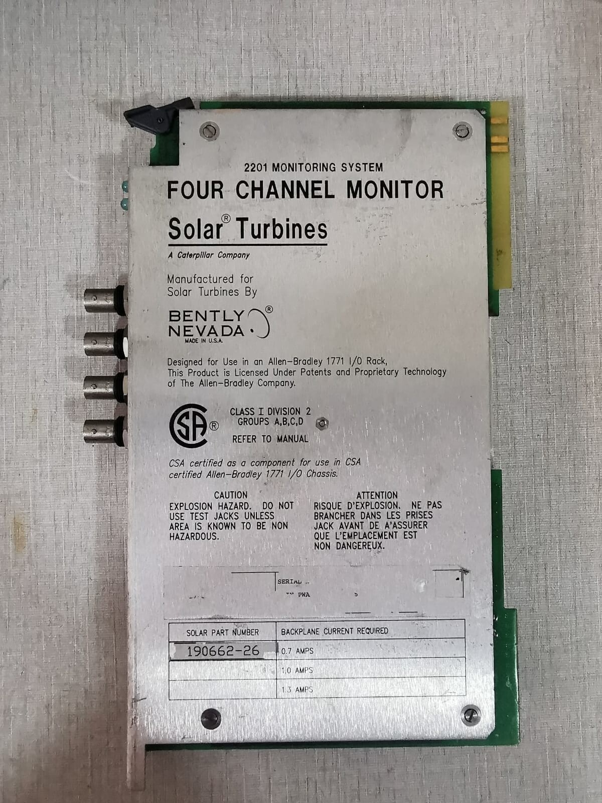 Bently Nevada 132417-01 Bently Nevada 132417-01 4 Channel Monitor Solar Turbines 190662-26 2