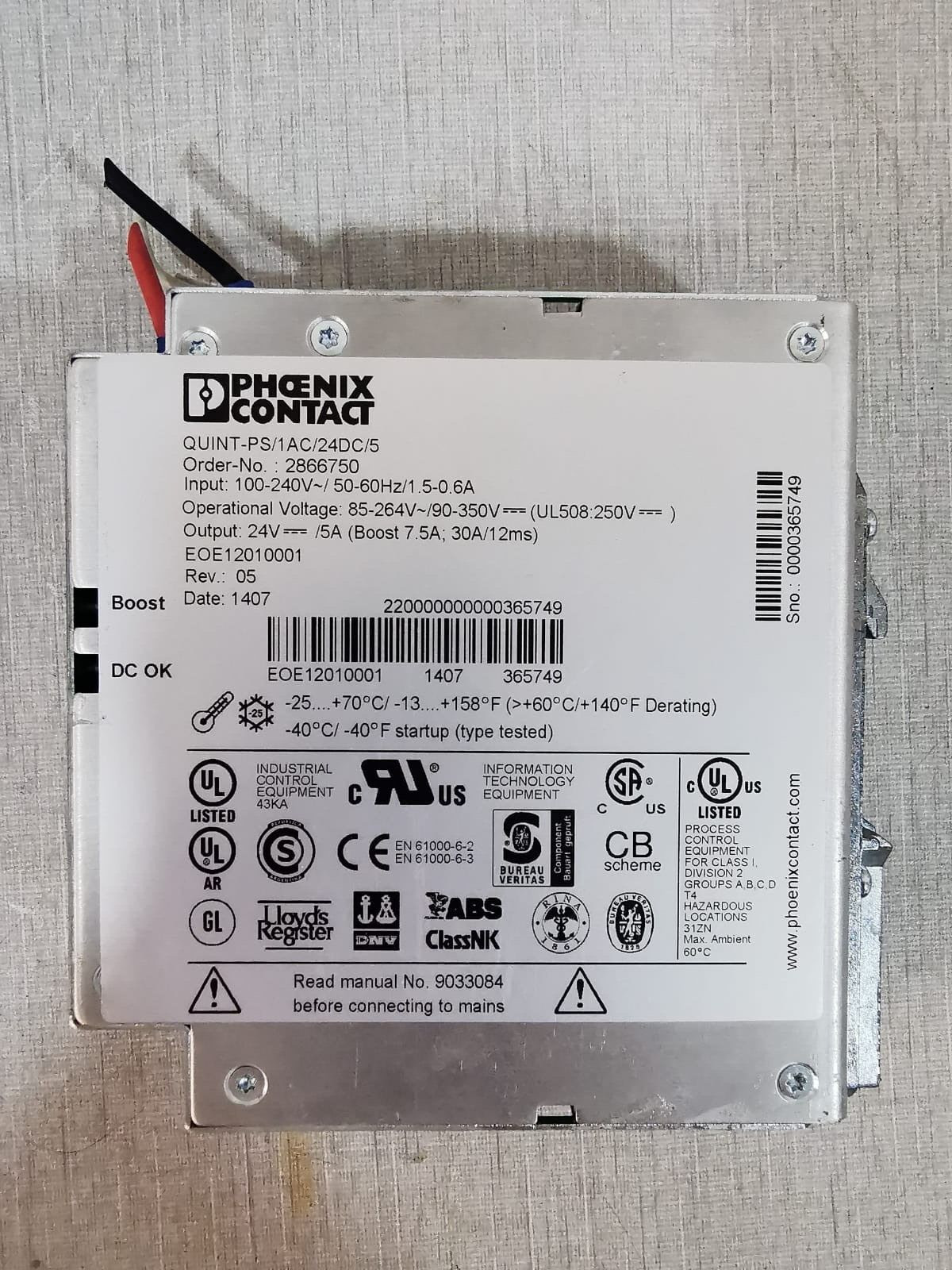 Phoenix Contact QUINT-PS/1AC/24DC/5 PHOENIX CONTACT QUINT-PS/1AC/24DC/5 POWER SUPPLY 3
