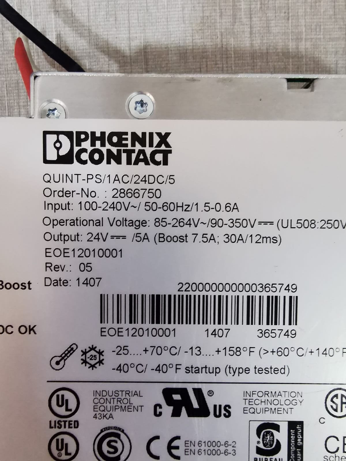 Phoenix Contact QUINT-PS/1AC/24DC/5 PHOENIX CONTACT QUINT-PS/1AC/24DC/5 POWER SUPPLY 4