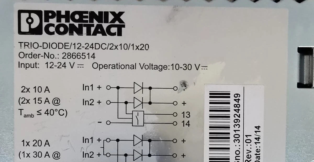 Phoenix Contact TRIO-DIODE/12-24DC/2X10/1X20 PHOENIX CONTACT TRIO-DIODE/12-24DC/2x10/1x20 Series Redundancy Module 2