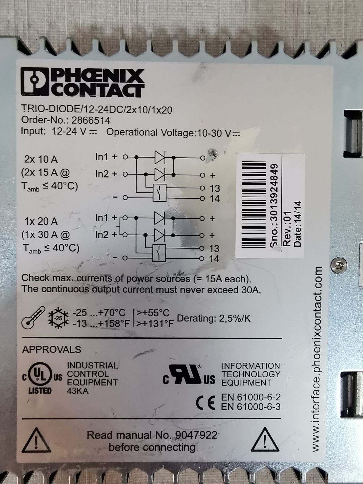 Phoenix Contact TRIO-DIODE/12-24DC/2X10/1X20 PHOENIX CONTACT TRIO-DIODE/12-24DC/2x10/1x20 Series Redundancy Module 3