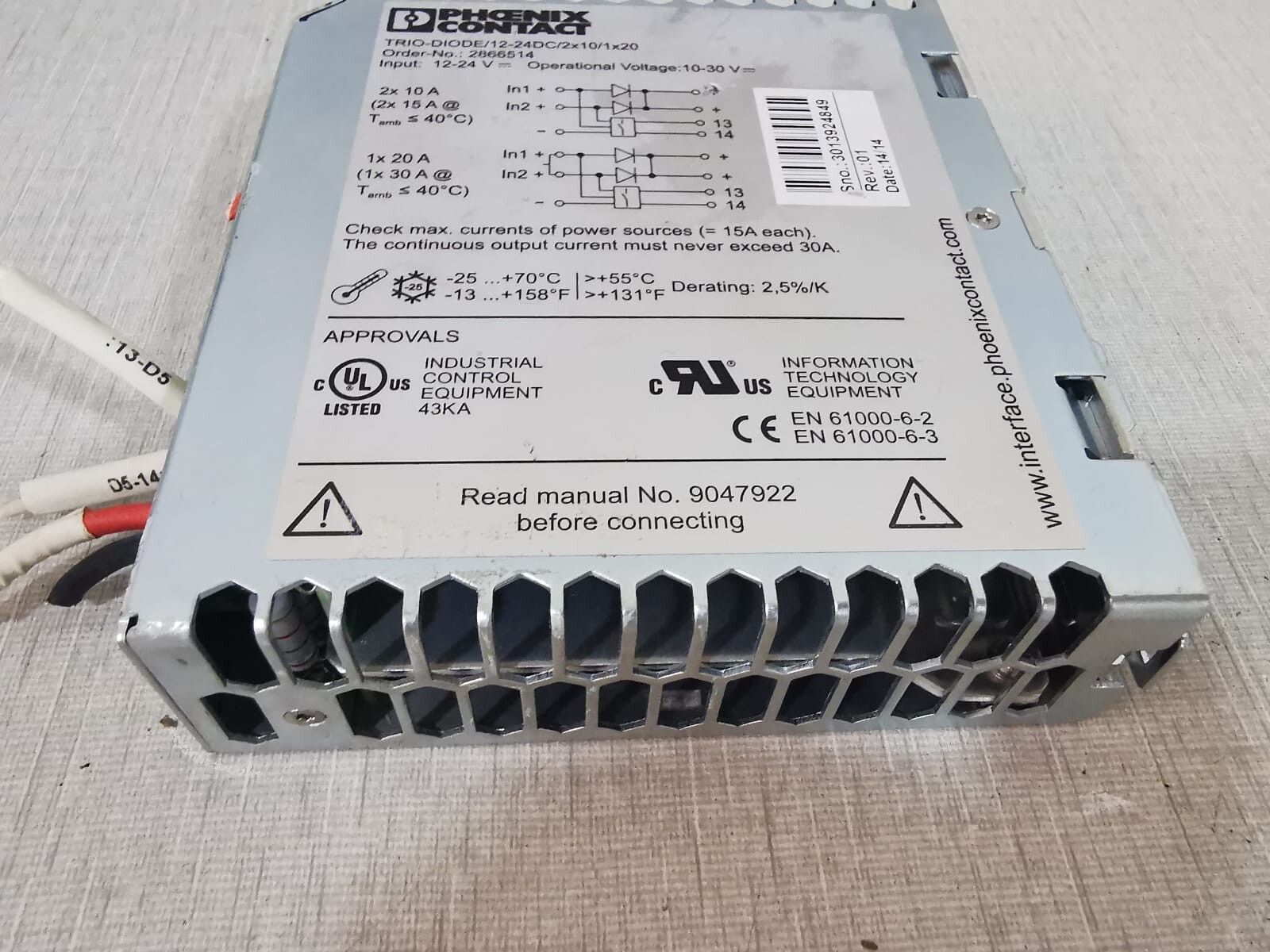 Phoenix Contact TRIO-DIODE/12-24DC/2X10/1X20 PHOENIX CONTACT TRIO-DIODE/12-24DC/2x10/1x20 Series Redundancy Module 5