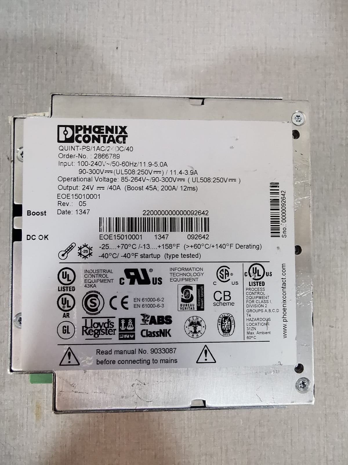 Phoenix Contact QUINT-PS/1AC/24DC/40 PHOENIX CONTACT QUINT-PS/1AC/24DC/40 Power Supply 3