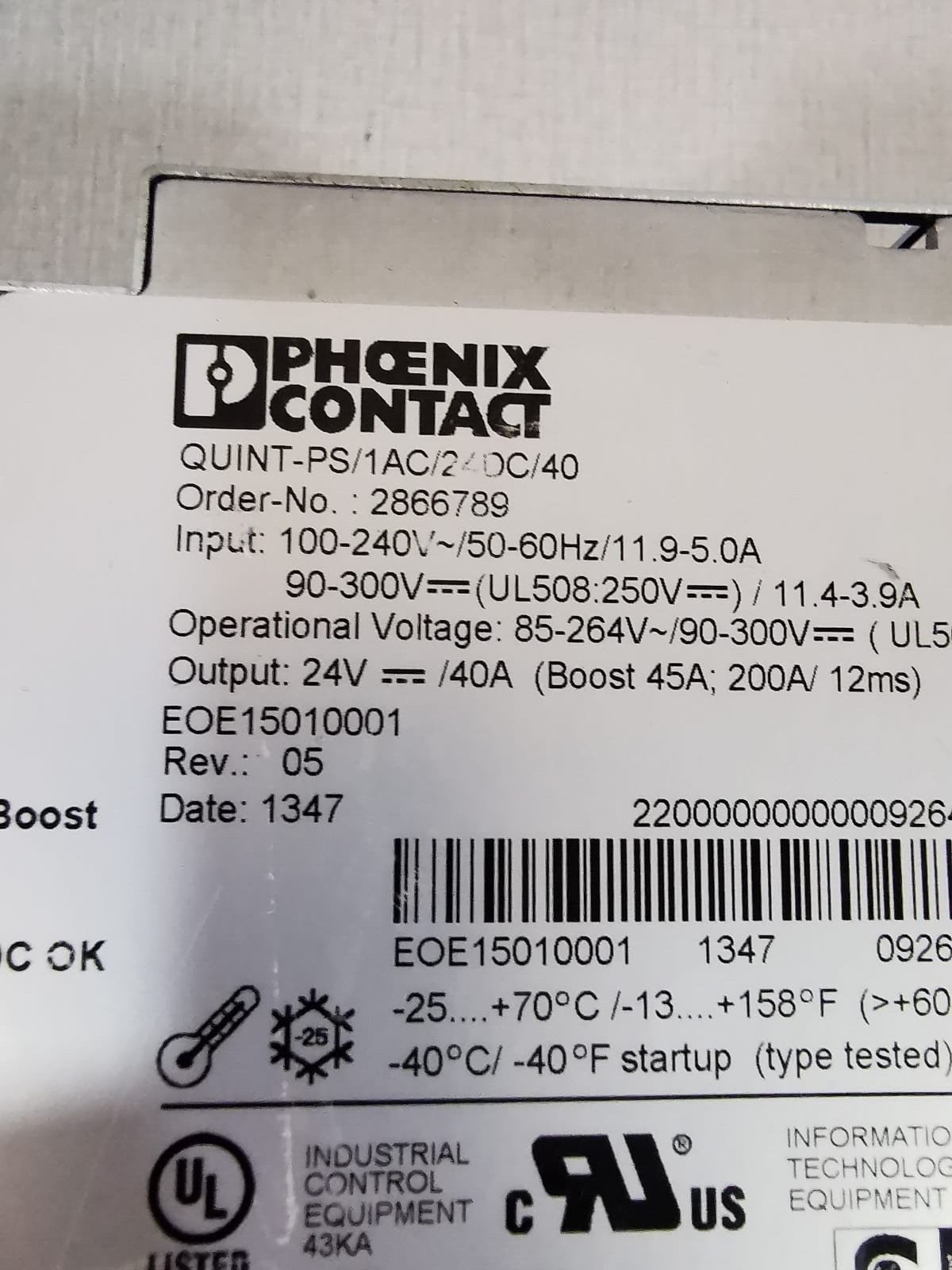 Phoenix Contact QUINT-PS/1AC/24DC/40 PHOENIX CONTACT QUINT-PS/1AC/24DC/40 Power Supply 7