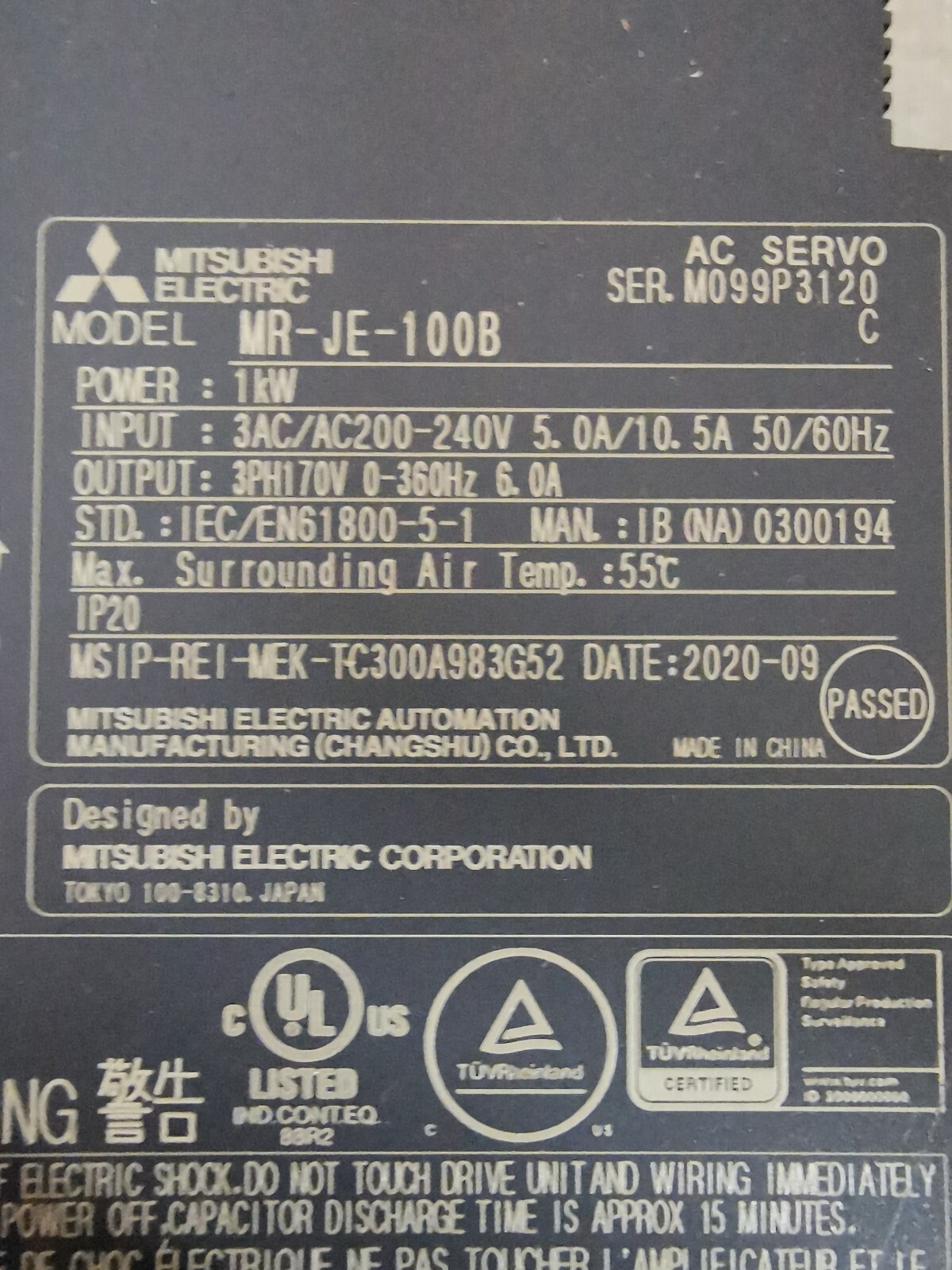 Mitsubishi MR-JE-100B MITSUBISHI MR-JE-100B SERVO DRIVE 8