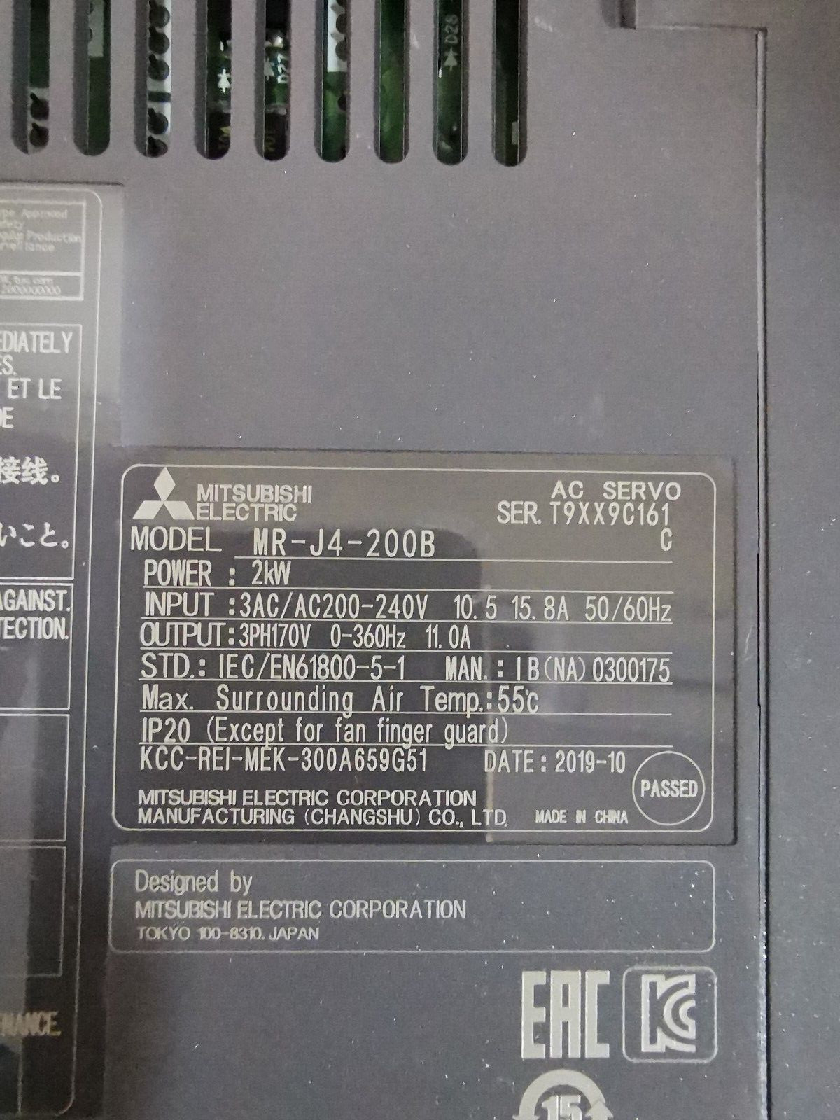 Mitsubishi MR-J4-200B MITSUBISHI MR-J4-200B AC SERVO DRIVE AMPLIFIER 240V 50-60HZ 9