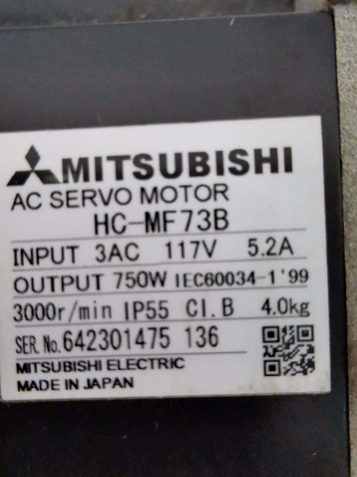 Mitsubishi HC-MF73B MITSUBISHI HC-MF73B AC SERVO MOTOR 117V 2