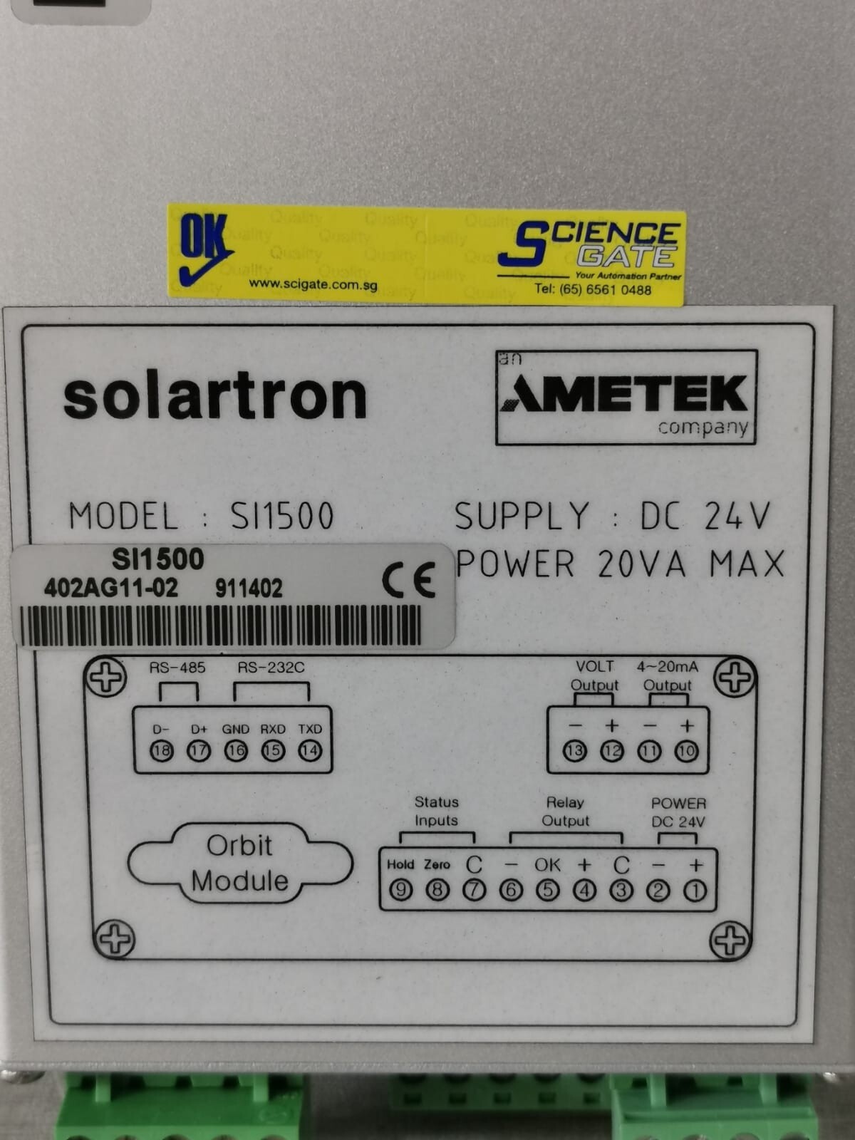 AMETEK SOLARTRON SI1500 AMETEK SOLARTRON SI1500 POWER SUPPLY DC 24V 20VA MAX 6